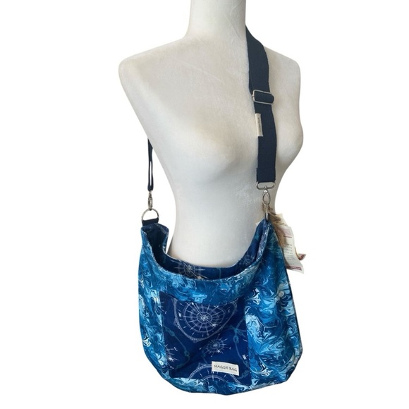 Maggie Bags Canvas Reversible Blue Messenger Tote Bag NWT Sustainable Handmade - Picture 2 of 12